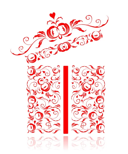 Caja de regalo abierta estilizada, diseño de ornamento floral — Vector de stock