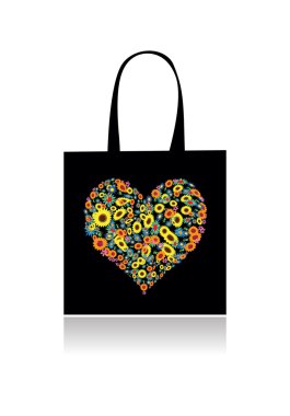 Shopping bag design, floral heart shape clipart