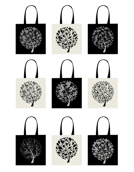 Collection de sacs à provisions, dessin d'arbre d'art — Image vectorielle