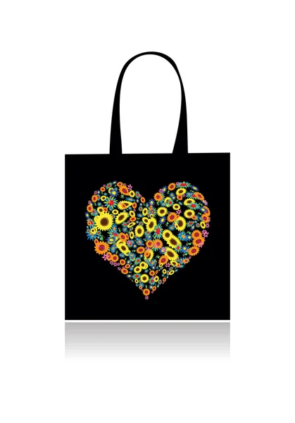 Diseño de bolsa de compras, forma de corazón floral — Vector de stock