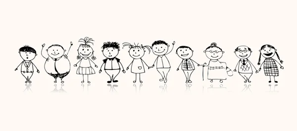 Glückliche große Familie lächelt zusammen, zeichnet Skizze — Stockvektor