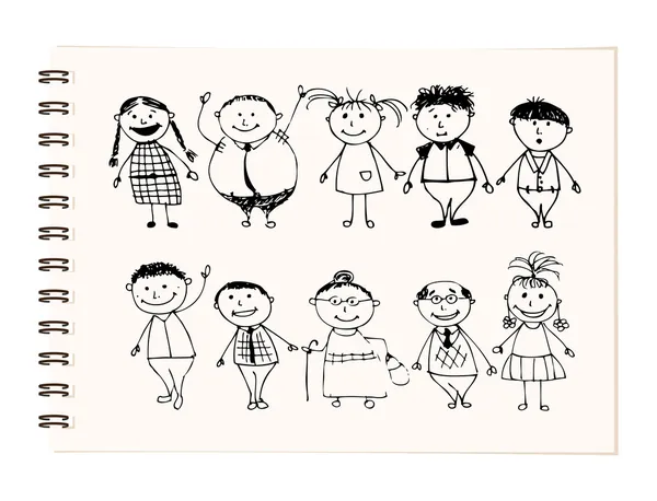 Happy big family smiling together, drawing sketch — Stock Vector