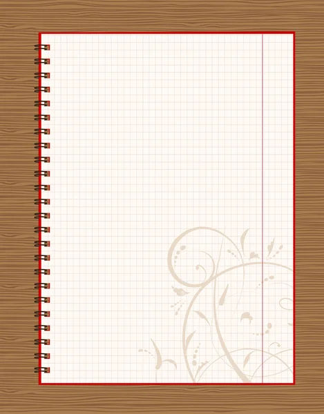 Cuaderno de diseño de página abierta sobre fondo de madera — Vector de stock