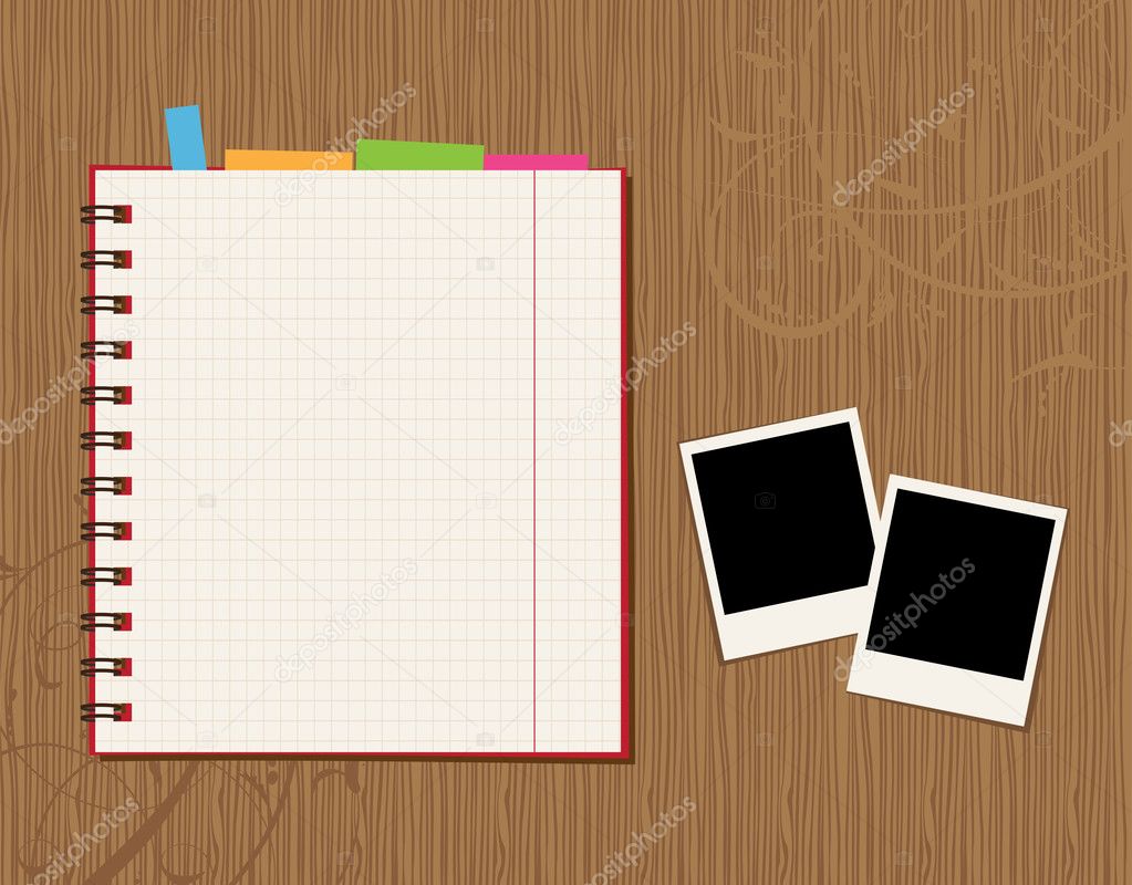 Notebook page design and photos on wooden background ⬇ Vector Image by
