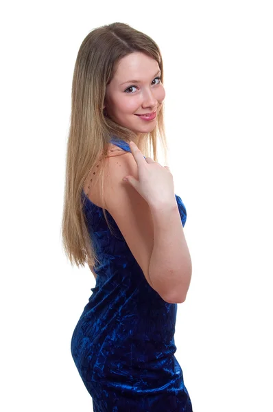 Beautiful girl in a dark blue dress — Stock Photo, Image