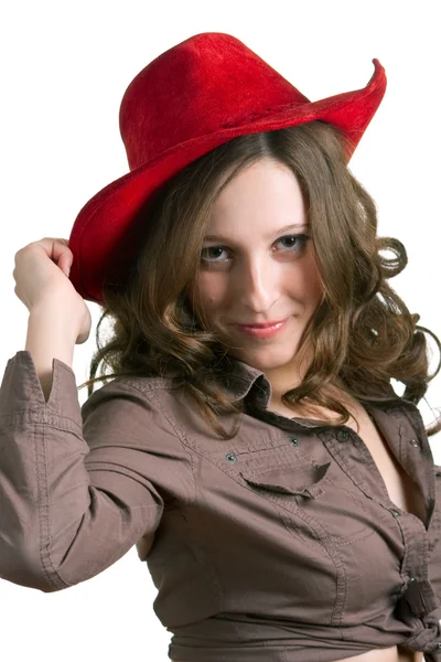 Beautiful girl in a red hat — Stock Photo, Image
