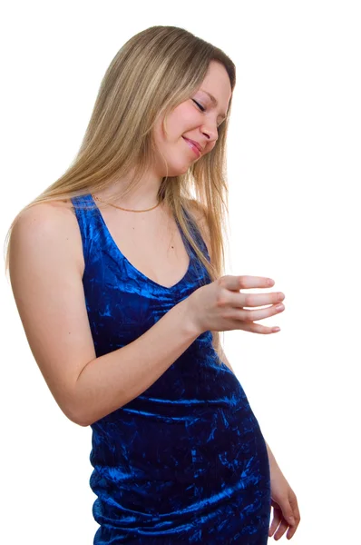 Meisje in een donker blauwe jurk — Stockfoto