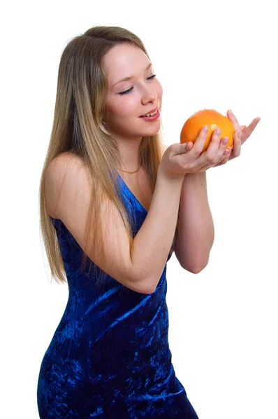 Fille avec pamplemousse orange — Photo