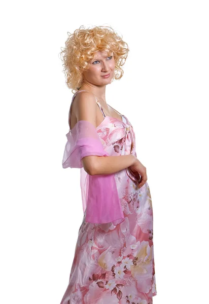 Menina loira em um vestido rosa — Fotografia de Stock