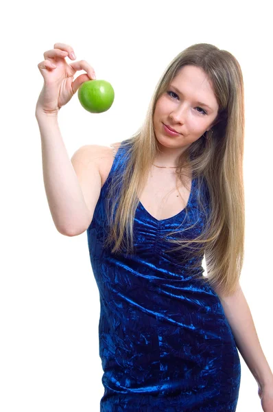 Flicka i blå klänning med ett grönt äpple — Stockfoto