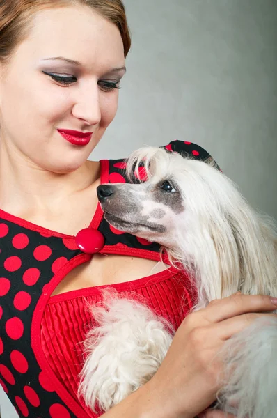Красивая девушка и китайская хохлатая собака — стоковое фото