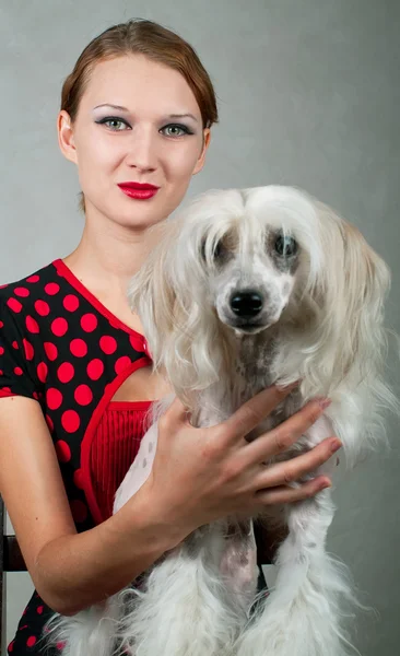 Chica y chino cresta perro — Foto de Stock