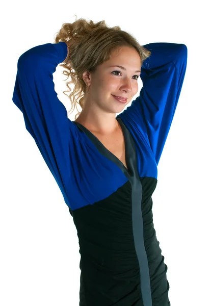 Mooi meisje in jurk van blauwe en zwarte kleuren — Stockfoto