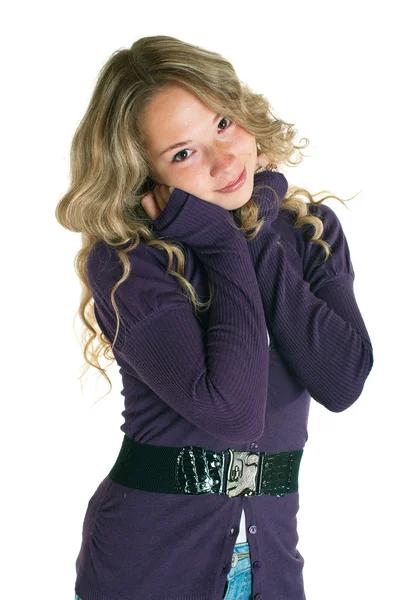 Flicka i en lila tröja — Stockfoto