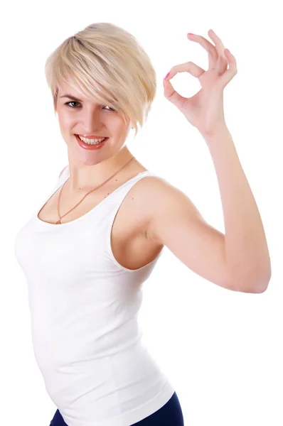 A charming young girl in a white T-shirt — Stock Photo, Image