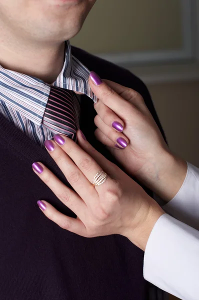 Stock image Hands correct a tie on the man