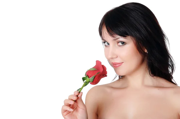 Молода прекрасна брюнетка з красивою червоною трояндою — стокове фото
