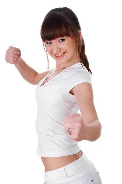 A charming young girl in a white T-shirt — Stock Photo, Image