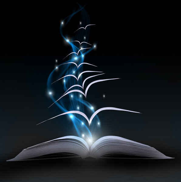 Magic book on a blue background with the lines and lights