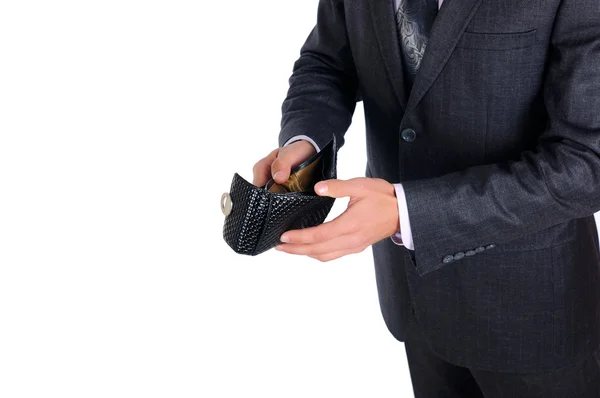 Uomo d'affari che guarda il suo portafoglio vuoto — Foto Stock