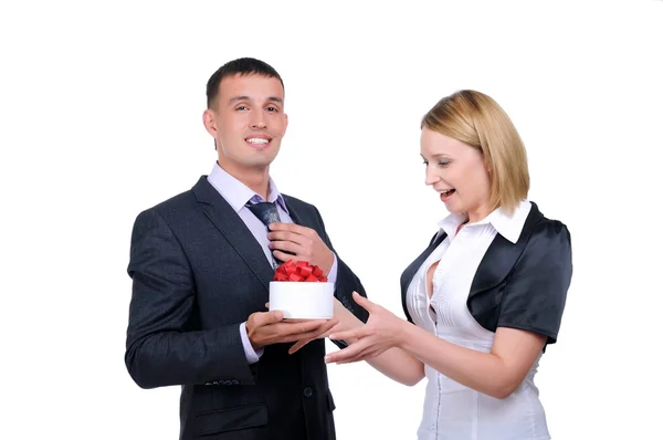 Young business man presents his gift — Stock Photo, Image