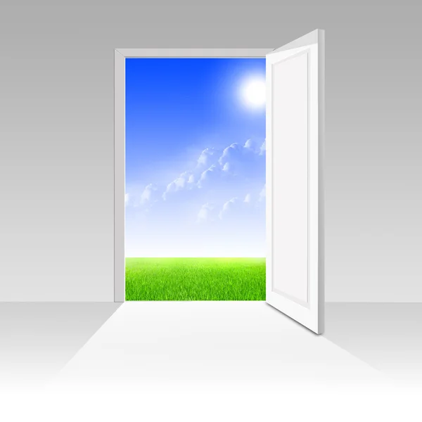 Fehér ajtó vezet a napfényes világon — Stock Fotó