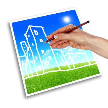 A hand with a pencil drawing houses clipart