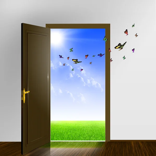 Белая дверь, ведущая в солнечный мир — стоковое фото