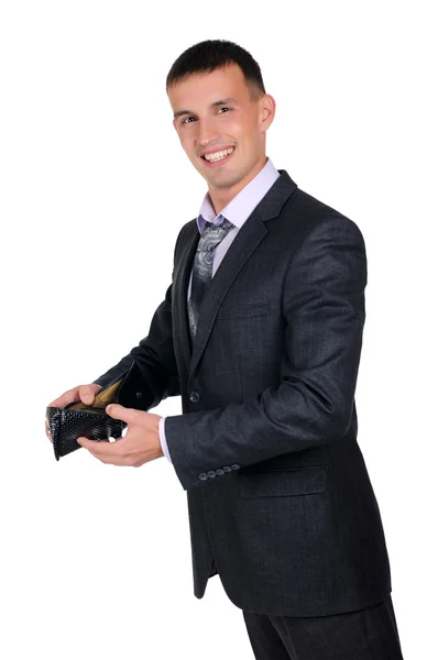 Geschäftsmann blickt auf seine leere Brieftasche — Stockfoto