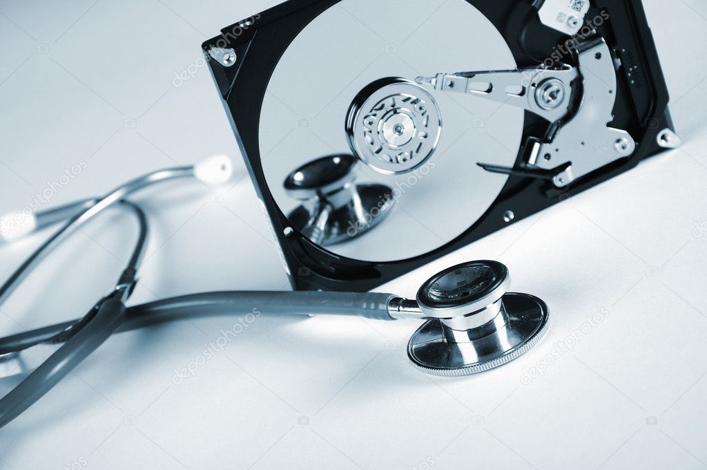 Computer hard drive and a stethoscope.