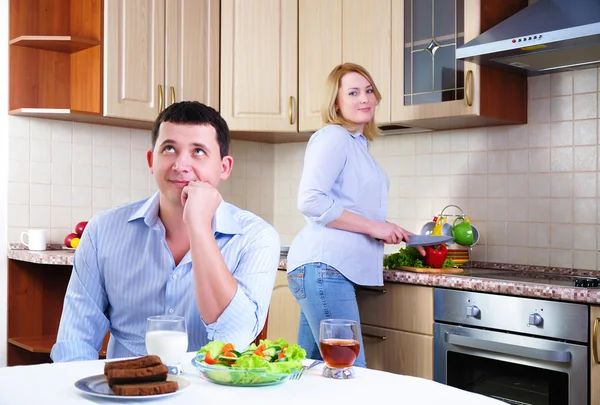 Wife and husband have breakfast — Stock Photo, Image