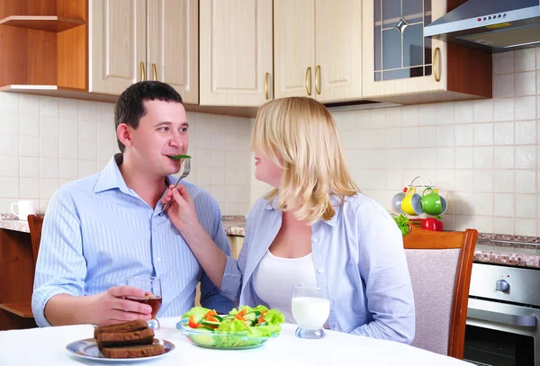Wife and husband have breakfast — Stock Photo, Image