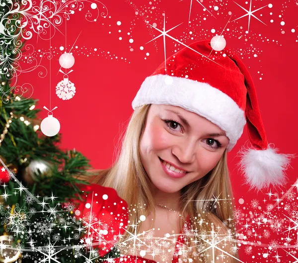 산타 클로스로 분 장 한 젊은 여자 — 스톡 사진