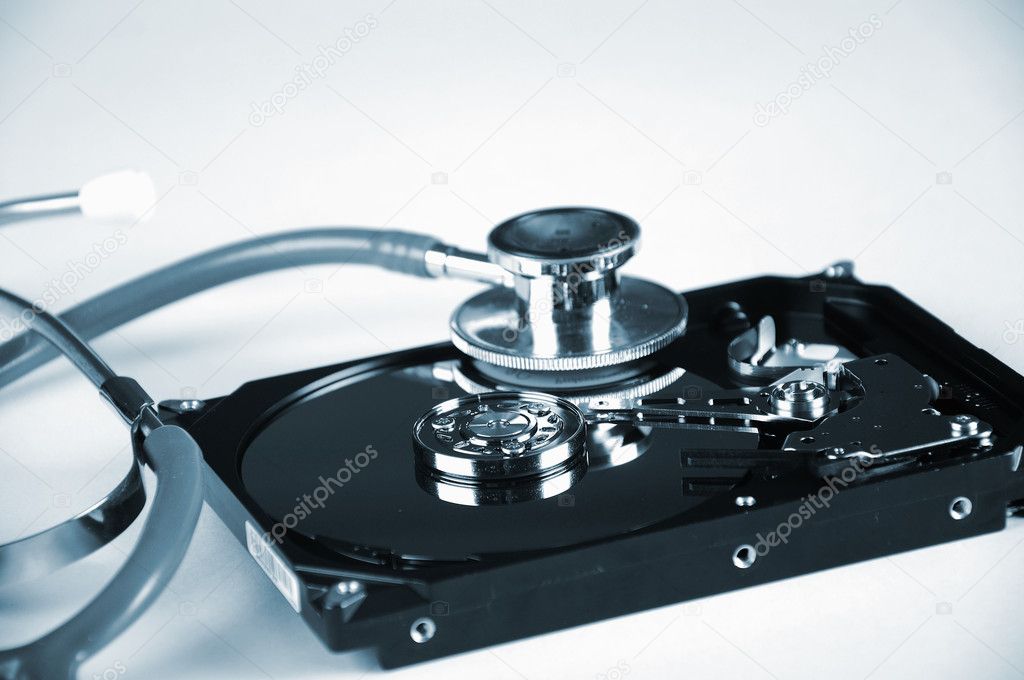 Computer hard drive and a stethoscope.