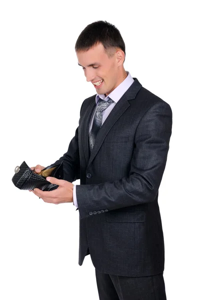 Uomo d'affari che guarda il suo portafoglio vuoto — Foto Stock