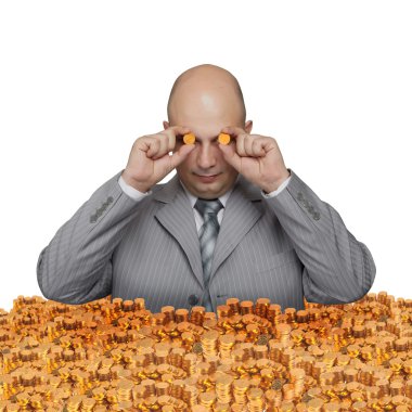 Bald young businessman with a small coin clipart