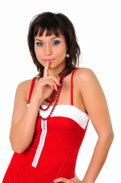 Retrato de uma jovem garota encantadora em um terno de Papai Noel — Fotografia de Stock