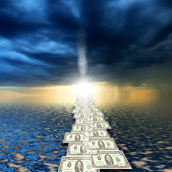 Road from banknotes disappearing into a bright blue sky. — Stock Photo, Image