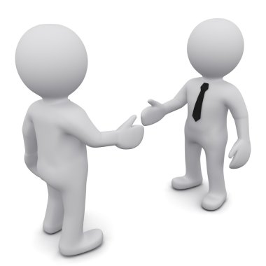 Two 3D business man in ties shake hands on a white background clipart