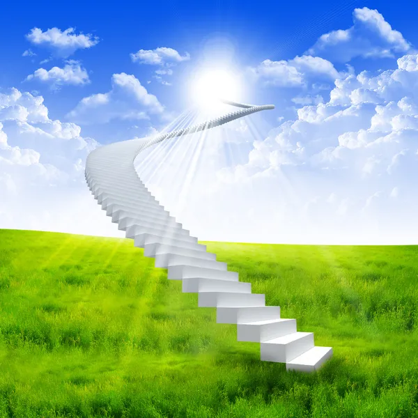 Bir Arka Plan Yeşil Çim Parlak Gökyüzü Uzanan Beyaz Merdiven — Stok fotoğraf