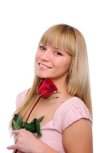 Ritratto Giovane Ragazza Affascinante Con Una Rosa Rossa — Foto Stock