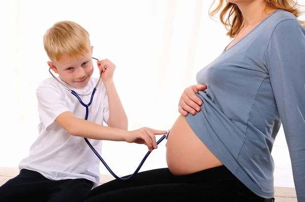 Little Boy His Pregnant Mother Spend Time Together — Stock Photo, Image