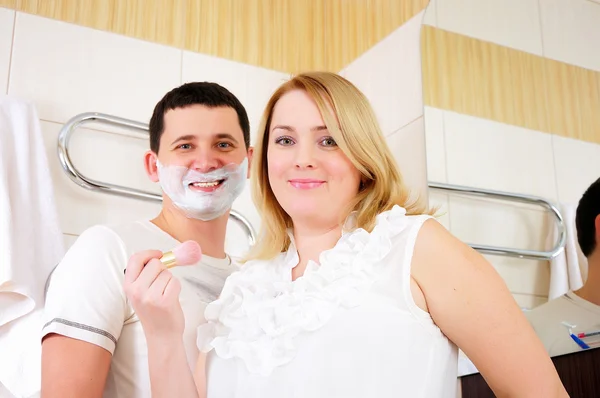 Young Couple Brings Himself Early Morning Bathroom — Stock Photo, Image