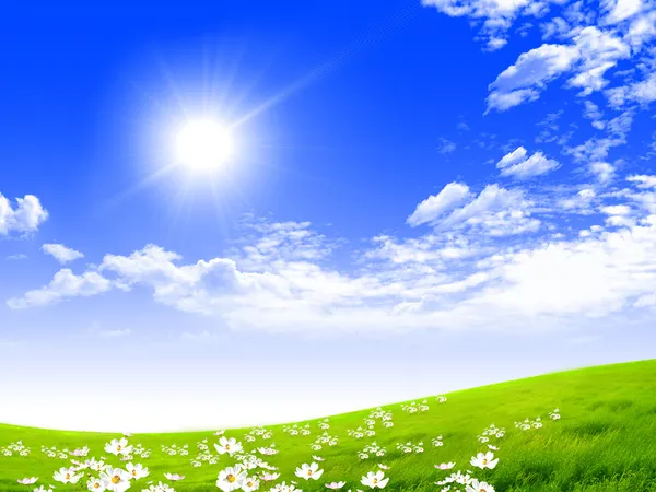 Prachtige Landschap Met Blauwe Luchten Zonneschijn Groen Gras — Stockfoto