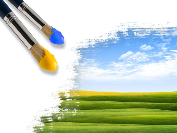 Kleuren Landschap Met Blauwe Lucht Groen Gras Met Een Borstel — Stockfoto