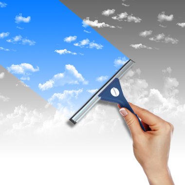 Hand with squeegee cleaning the misted window clipart