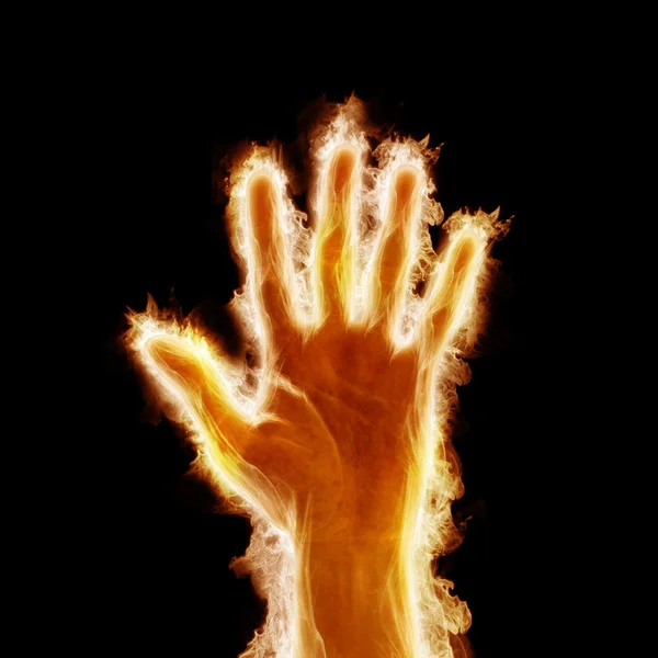 Menselijke Hand Open Wapens Brand Een Zwarte Achtergrond — Stockfoto