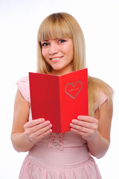 Mooi Meisje Lezen Een Felicitatie Briefkaart Van Aftelkalender Voor Valentijnsdag — Stockfoto