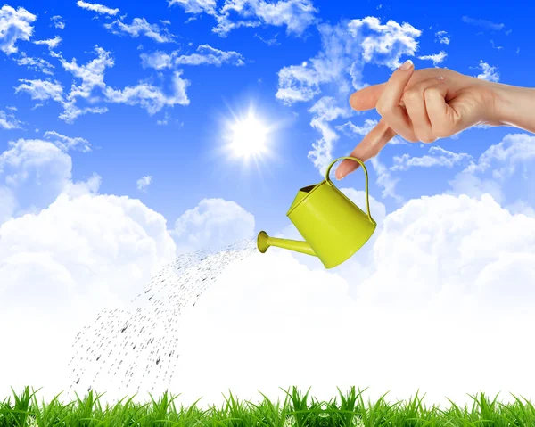 Hand Small Watering Can Watering Green Grass — Stock Photo, Image