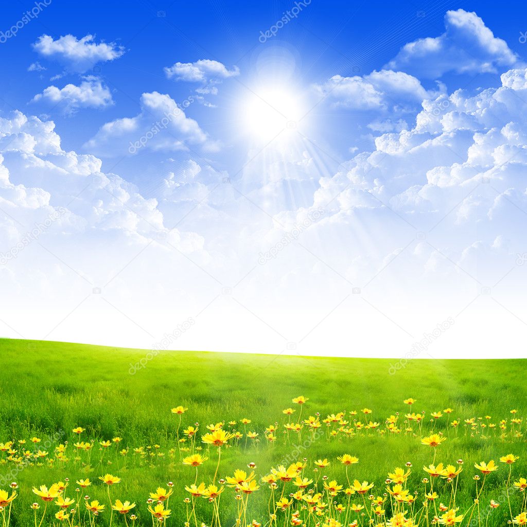 Exquisite landscape with blue skies, sunshine and green grass
